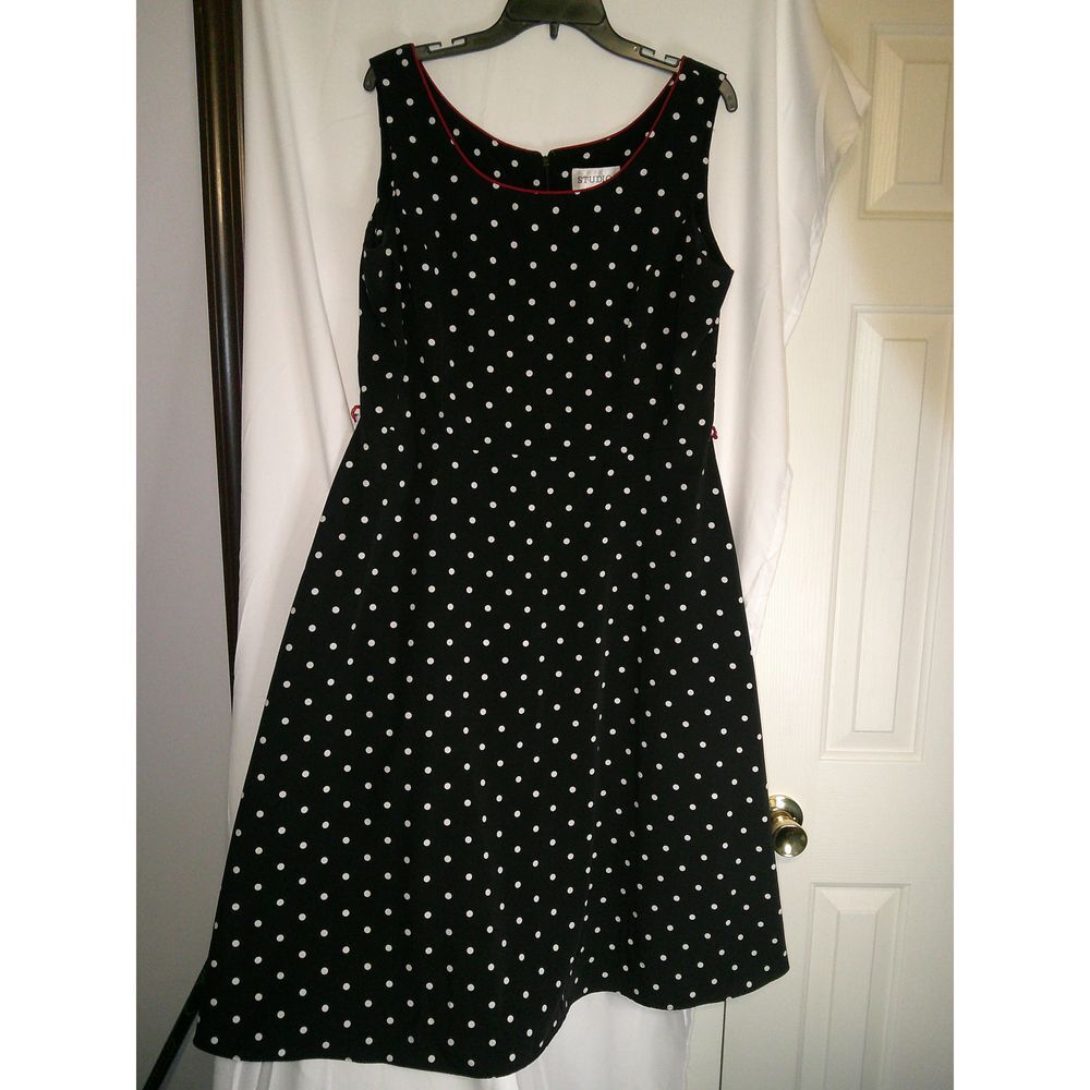 Studio I Classic Black and White Polka Dot Sleeveless A-Line Dress w/Red Trim 14